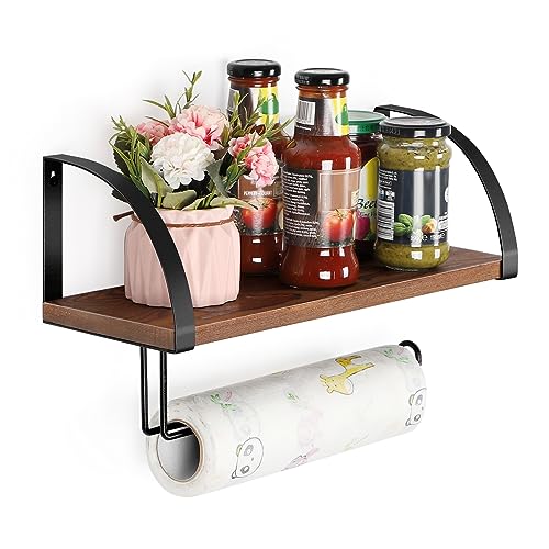 BTY Paper Towel Holder Wall Mount Farmhouse Wood Paper Towel Holder with Shelf Hanging Paper Towel Roll Rack Under Cabinet Spice Rack for Kitchen Bathroom Organizer Rustic Brown