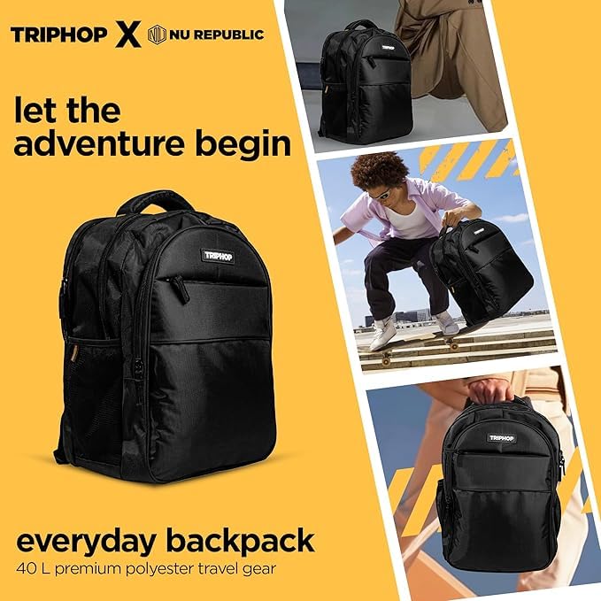 Image of Nu Republic Triphop Backpack for Men Women Office Casual 18-inch Laptop Bag Water-Resistant Multi-Pockets Sleek Smart College Backpack with Dual USB Port (Black)