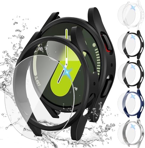 Tensea [5+5Pack for Samsung Galaxy Watch Screen Protector Case 44mm Accessories, Hard PC Bumper & HD Anti-Fog Tempered Glass Protective Film, Face Cover Set, Galaxy Watch Case for Women Men