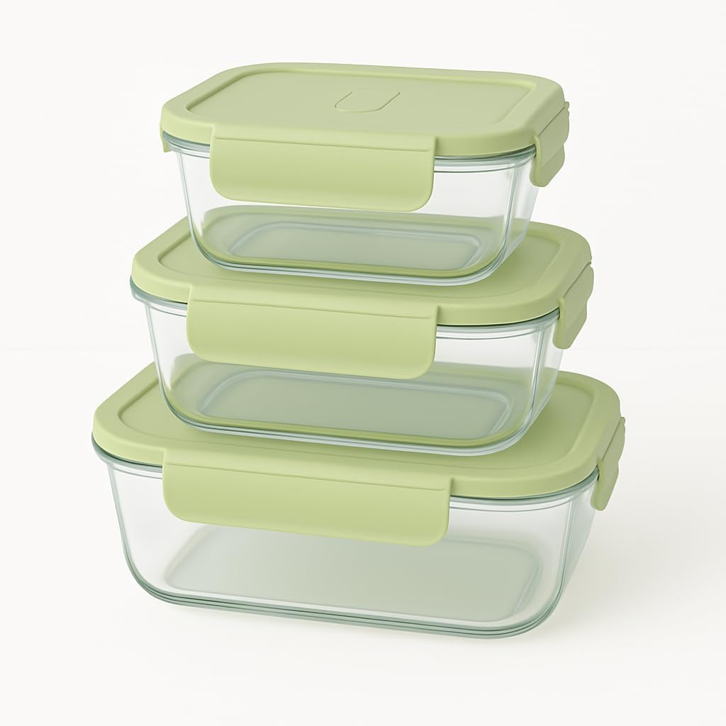 Glass Food Storage Container with Airtight Lid, Glass Rectangular Storage/Serving Bowl Set Lunch Tiffin Box with Clamp Plastic Lid Pack of 3