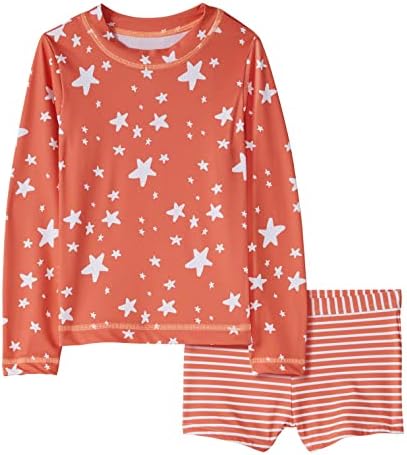 Moon and Back by Hanna Andersson Girls' 2-Piece Rashguard Set, Coral/White, 8