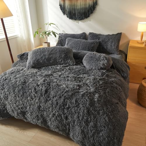 Faux Fur Fluffy Dark Grey Comforter Cover Twin Set – Plush Faux Fur Dark Grey Bedding 2-Piece Set (1 Furry Duvet Cover + 1 Shaggy Pillow Sham) Cozy Bed Set