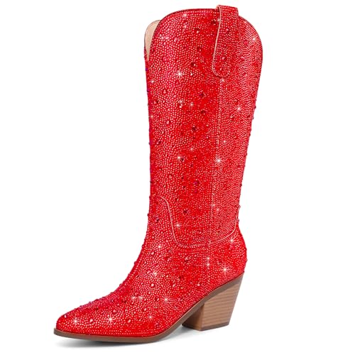Image of Cowgirl Ankle Boots Cowboy Boots for Women Western Booties Rhinestone Chunky Heel Fashion Comfortable Side Zipper