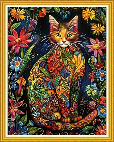 Image of Magxvouy Cross Stitch Kits Stamped Full Range of Embroidery Kits,Cross Stitch Patterns Needlework Kits for Beginners 11CT Printed Kits&Cat Flowers 16x20 inch
