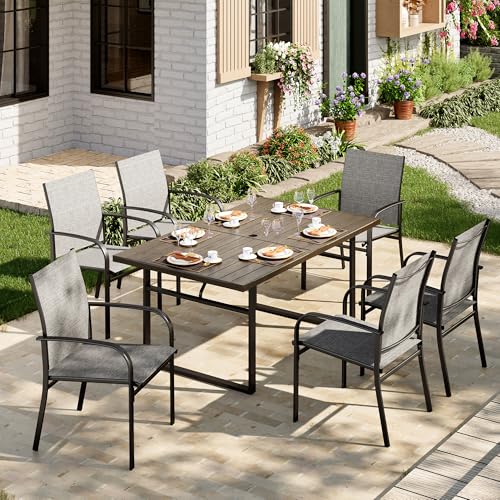Image of MIXPATIO 7-Piece Outdoor Dining Set 6 Brown Textilene Chairs and Steel Tabletop with Wood Grain Rectangle Table for Deck Garden Backyard Lawn Poolside