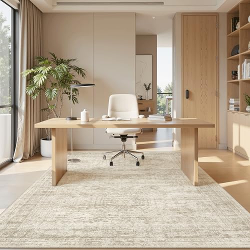 Image of Soalmost 5x8 Area Rugs Beige Low Pile Washable Trendy Faded Style Rug