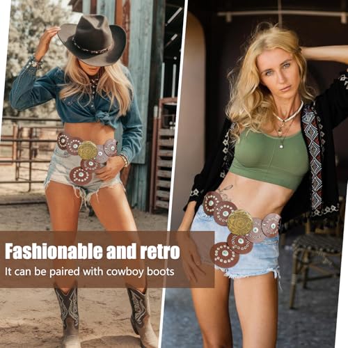Western Wide Disc Belts for Woman, Leather Concho Cowgirl Boho Cowboy Belt, Vintage Country Waist Belts for Dress4