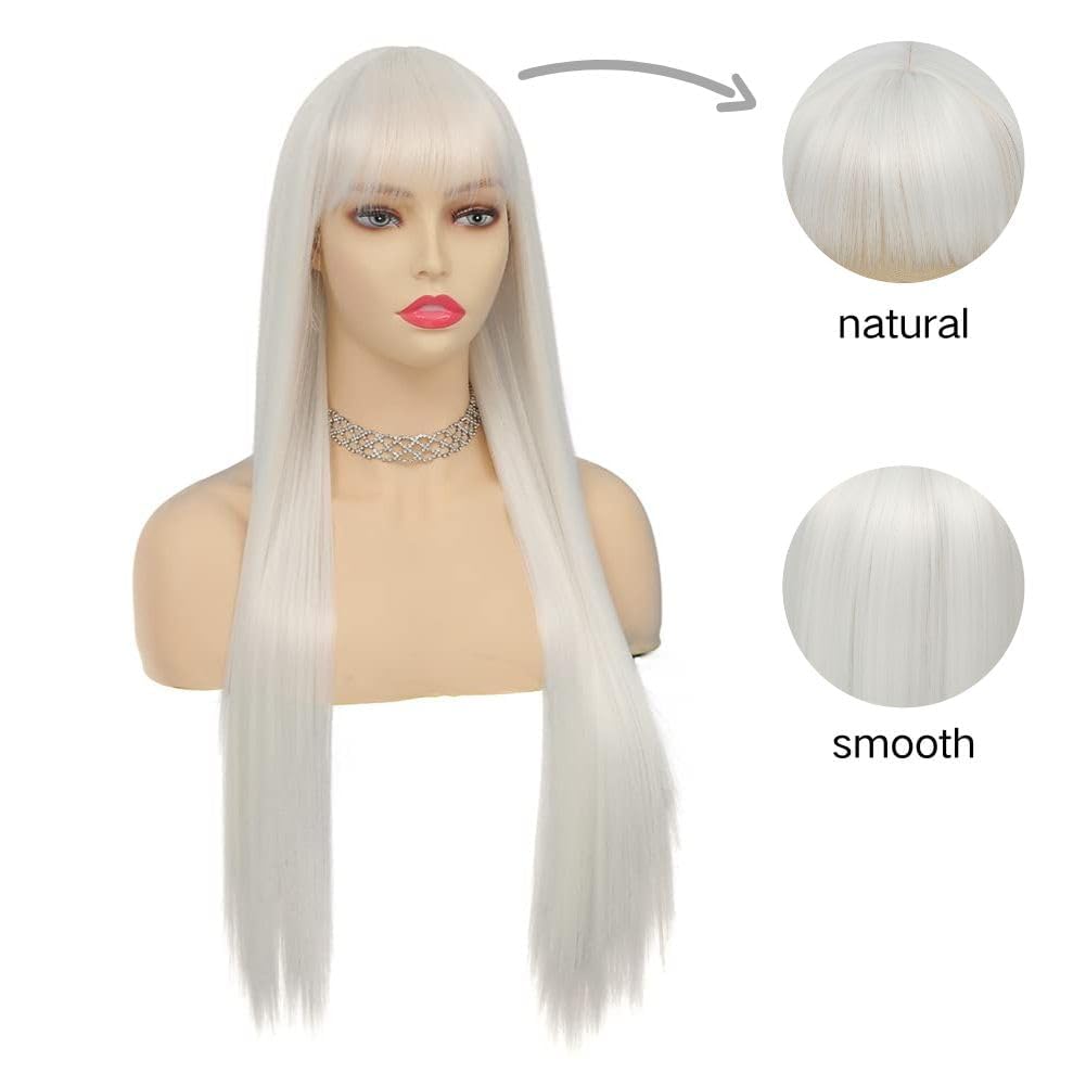 Siudus Womens White Straight Long Wigs with Bangs Cosplay Synthetic Fibre Hair Wig for Party Halloween Use - Image 4