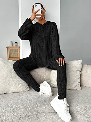 WDIRARA Women's 2 Piece Ribbed Outfit Asymmetrical Split Hem Long Sleeve Hoodie and Leggings Set3