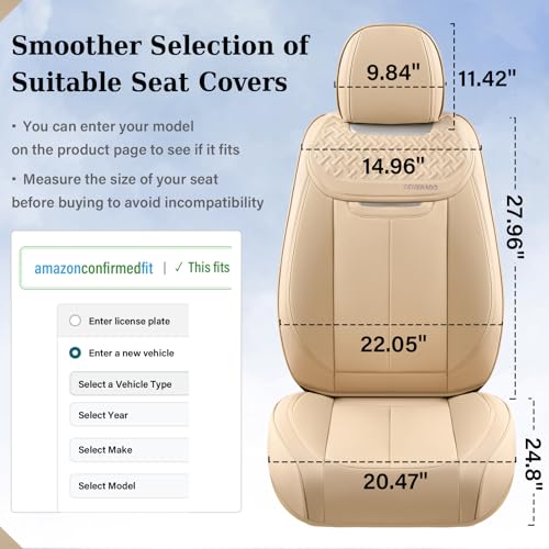 Image of Coverado Seat Covers, Car Seat Covers Front Seats, Beige Nappa Leather Car Seat Covers, 2 Pack Waterproof Front Seat Covers, Breathable Leather Seat Cushion Universal Fit Most Cars Trucks