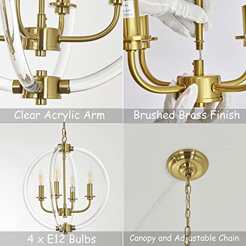 Srjjrs Gold Chandelier, 4-Light Modern Chandelier With Acrylic Lamp Arms, Adjustable Hanging Light Fixture For Kitchen Island, Dining Room, Entryway #TOP4