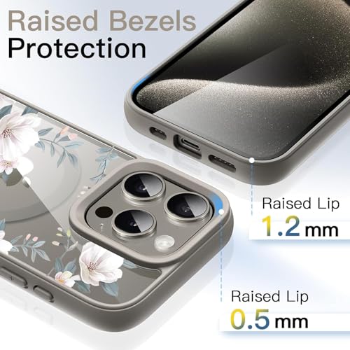 Image of VONZEE Compatible with iPhone 15 Pro Max Case Luxury Retro Flowers Floral Clear for Magnetic Wireless Charging Case Shockproof Case PC+TPU Cute Glossy Shiny Cover for Girls Women, 6.7'' Grey
