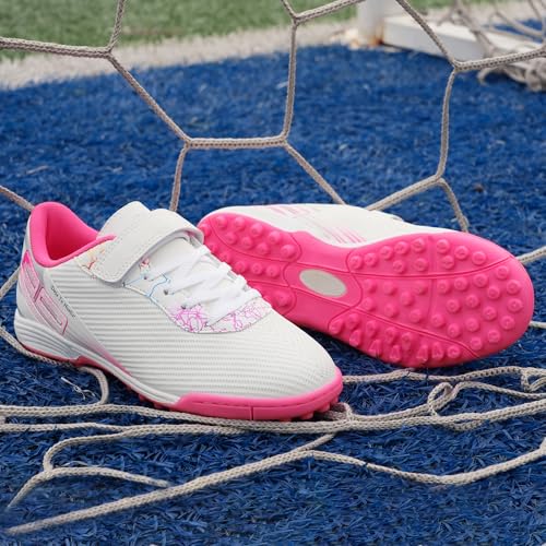brooman Kids Turf Soccer Cleats Girls Indoor Soccer Shoes Boys Baseball Softball Shoes (1, White Pink) — view 3