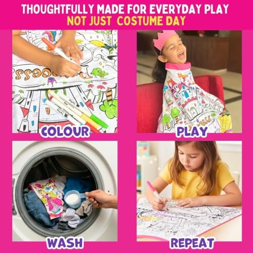 Image of PepPlay Princess Cape Coloring Kit - Personalised Pink Cotton Cape, Magical Unicorns & Fairies | Crown + 6 Washable Fabric Markers | Reusable Pretend /Role Play Birthday Return Gift for Girls Age 3-7