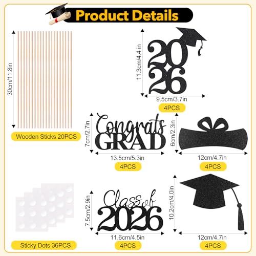 Image of Graduation Decorations 2026, 20 PCS Sparkling Black Double-Sided Centerpiece Sticks for Tables, Class of 2026 Table Toppers and Party Supplies