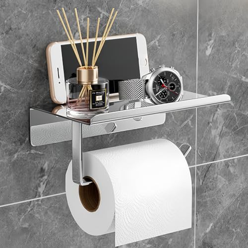 Toilet Roll Holder Wall Mounted, Self Adhesive Toilet Roll Holder with Shelf Stainless Steel Toilet Paper Holder for Bathroom or Kitchen