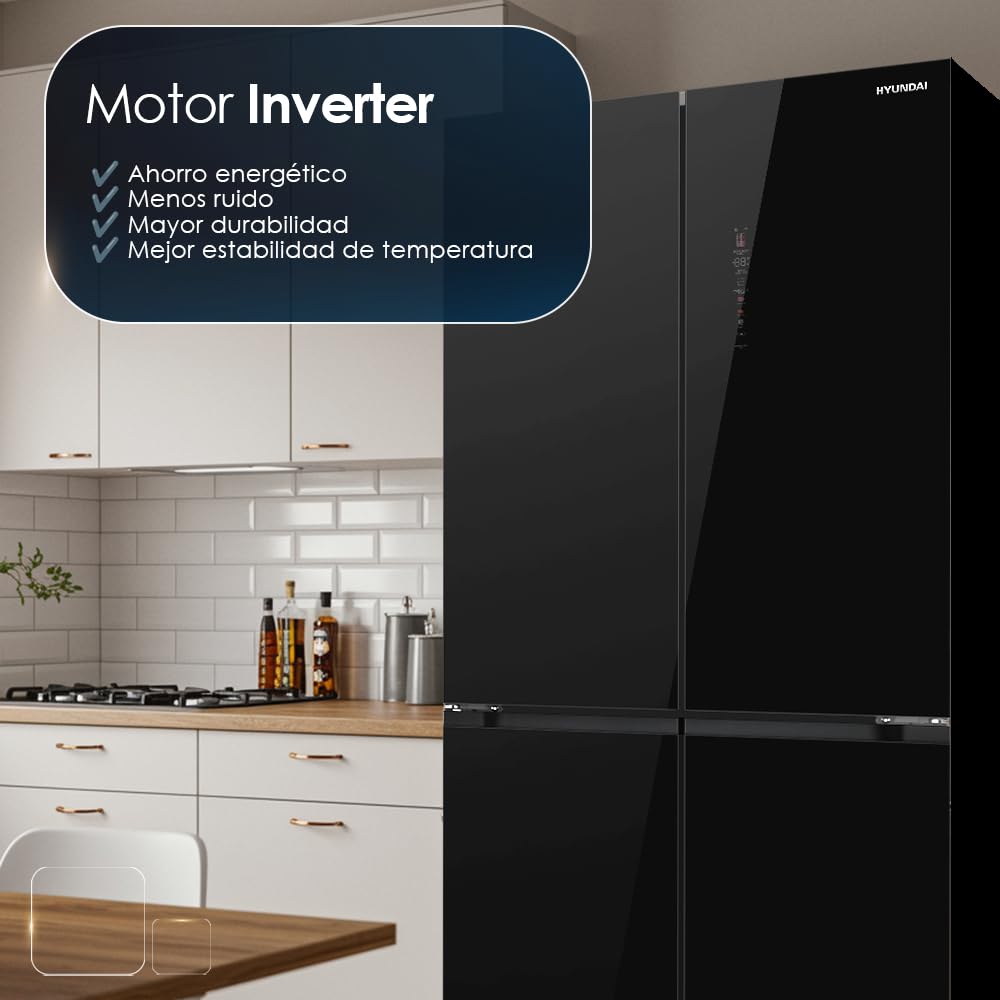 Hyundai Frigorífico Americano Cristal negro, 4 Puertas HQP19283NEDCB00, Capacidad 466 Litros, No Frost, Multi Air Flow, Bajo Nivel Sonoro, Clasificación Energética E