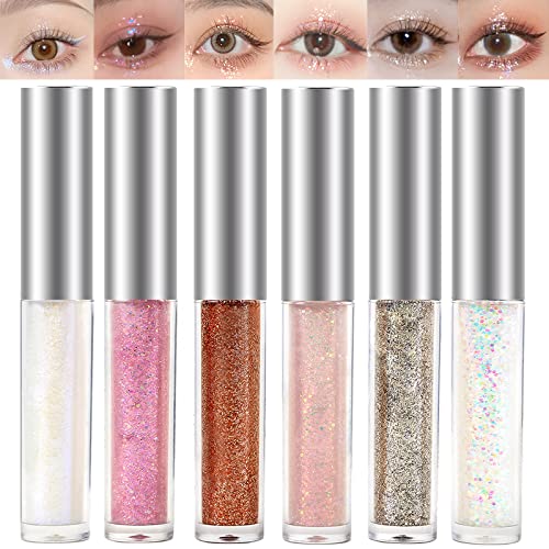 Erinde Liquid Glitter Eyeliner Eyeshadow, Shimmer Metallic Liquid Eye Shadow, Long Lasting, Easy To Apply, Quick Drying, Loose Glitter Glue For Korean Sparkle Tear Drop Makeup, 6Pcs #TOP25