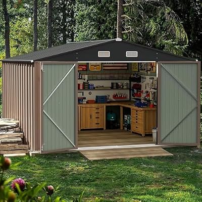 Furniwell Outdoor Storage Shed, Metal Garden Sheds Outdoor Storage House with Single Lockable Door for Backyard Patio Lawn (Brown, 10 x 10 FT)