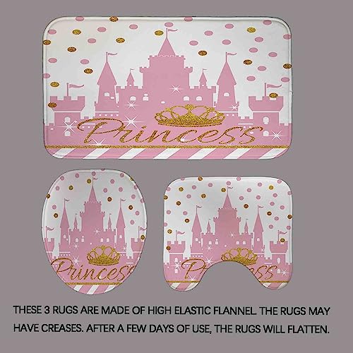 Dia Magico 4Pcs Pink Castle Shower Curtain Set, Modern Luxury Shining Gold Glitter Crown Polka Dot Striped Cartoon Fantasy Kingdom Fairy Tale Girls Girly Bathroom Decor, Non-Slip Bath Mat, Princess #TOP3