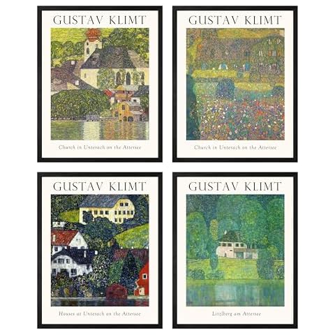 BOHU ARTS Set Of 4 Gustav Klimt Wall Art Prints - 12x16 Framed Nature Artwork Wall Decor Famous Paintings Reproductions For Bathroom Living Room Decor Cover