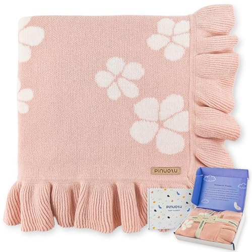 Image of Cotton Knit Baby Blanket with Ruffle Edge - Soft Baby Girl Blanket, Receiving Blanket for Newborn, Stroller & Crib Blanket, Newborn Shower Gift (Pink)