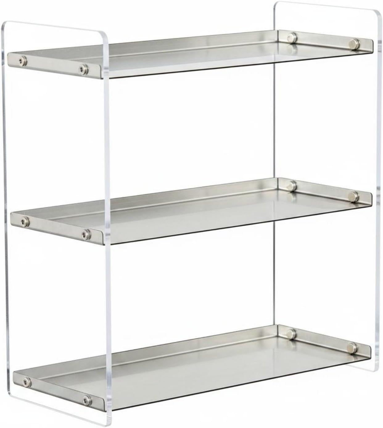Acrylic Storage Shelf Countertop Organizer Rack Stand Featuring Stainless Steel Tiers and Acrylic Side Panels Easy Clean Smudge Resistant Surface