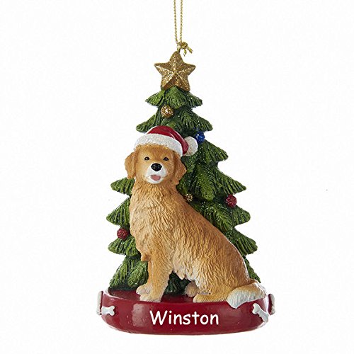 Kurt S. Adler Adorno de Navidad con dise o de perro Golden Retriever personalizado con sombrero de Pap Noel y rbol de Navidad brillante con nombre personalizado, 4.25 pulgadas