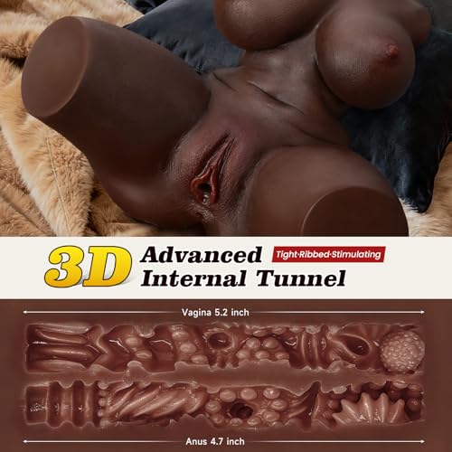 Image of baiwatt Sex Doll Male Masturbator - Adult Sex Toys for Men with 2:1 Hip-to-Waist Ratio Big Boods & Soft Ass, Black Skin Pocket Pussy Torso Sex Dolls Built-in Flexible Skeleton with Vaginal Anal Tunnel