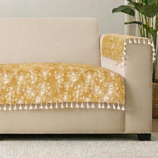 Image of STITCHNEST Woven Fabric Sofa Cover 2 Seater with 2 Hand Rest Covers - Washable Green Sofa Cover with Tassels - Durable Premium Fabric - Stylish Sofa Protector for Living Room & Furniture Decor