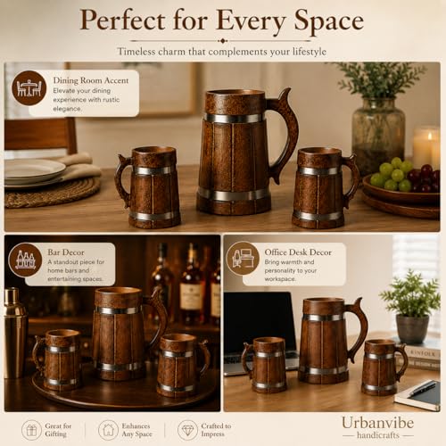 Image of Wooden Beer Bar Combo Set | Barrel Shaped Jumbo Mug | 2 Small Beer Mug 350ML (5 x 4 inches Each) & 1 Large Beer Jug 750ML (Steel Band)
