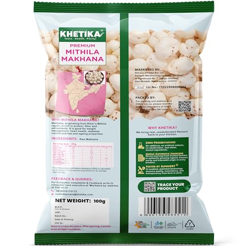 Image of Khetika Premium Mithila Makhana 100g | Dry Fruits in Fresh, Raw Foxnuts, Phool Makhana for Prasadam, Premium Lotus Puffs Seeds, Rich in Calcium, Natural & Crunchy, Fit for Fasting, Direct from Farm