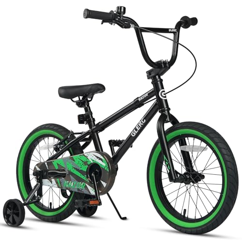Glerc Kids Bike for Ages 4-8 Years Old, 16 Inch BMX Style Kids Bicycle with Training Wheels, Boys Bike for Children and Toddler, Black and Green