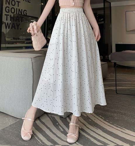 chouyatou Women's Boho Ditsy Polka Dot A-Line Skirt Elastic Waist Swing Pleated Midi Long Skirt with Pockets2