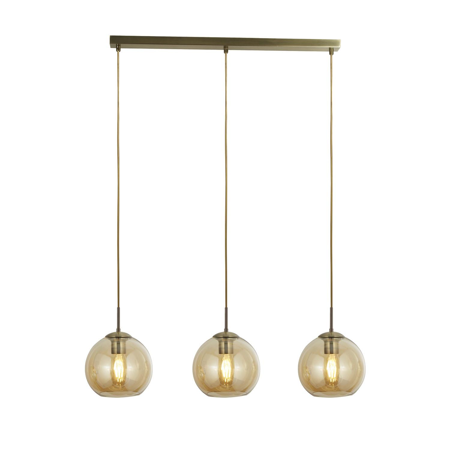Searchlight 1623-3AM Pendant 3 Light Linear Ceiling Light in Antique Brass with Amber Glasses
