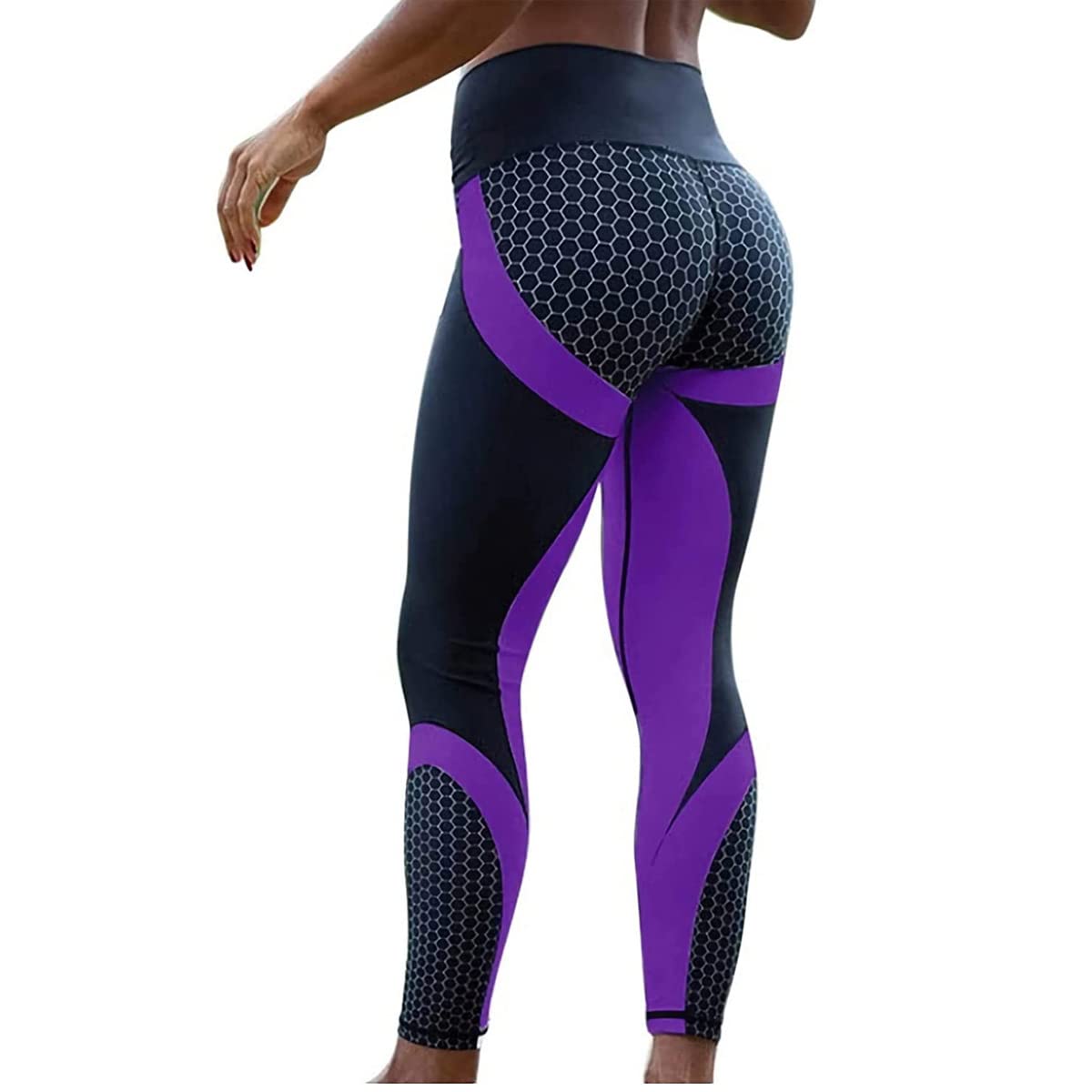 Colorblock Butt Lifting High Waist Sports Leggings, Women High Waist Scrunch Yoga Pants Tummy Control Leggings (Purple, Large)