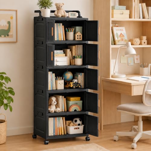 Image of KRISHYAM 5-Tier Plastic Storage Cabinet with Wheels, Water-Resistant Modular Clothes Organizer for Bedroom, Bathroom & Home, 133 x 46 x 27 cm, Black