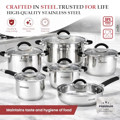 HOMSMYTH 12-Piece Stainless Steel Cookware Set – Induction-Compatible Pots and Pans with Silicone Handles and Glass Lids | Versatile Casserole, Frying Pan & Saucepan Collection - Image 3