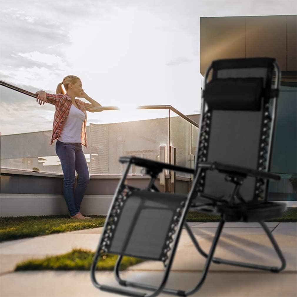 Set of 2 Adjusatable Zero Gravity Chair Mesh Outdoor Lounge Chair with Pillows and Cup Tray, Folding Patio Recliner Chairs for Backyard Camping Poolside Beach Lawn, Black