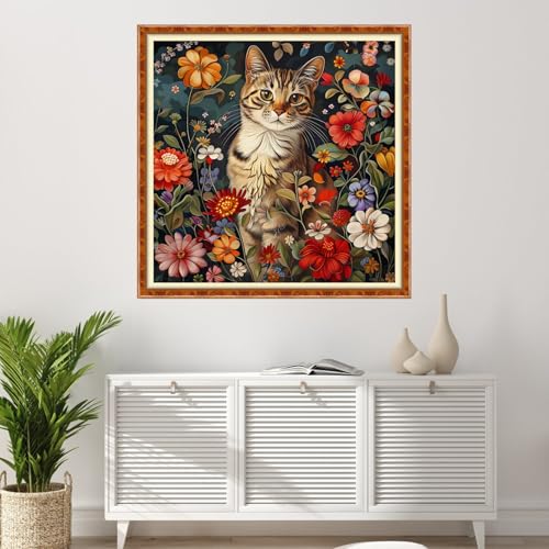 Image of Findvoor Stamped Cross Stitch Kits for Beginner Embroidery Kits for Beginners Adults DIY 11CT Cross Stitch Patterns Needlepoint Kits Crossstitching Kits-Flower Cat 18x18 inch