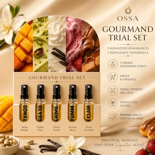 Image of Ossa Gourmand TRIAL Set For Men & Women, 5x2ML (10ML) | Tango Mango, Gelato Pista, Creme Vanilla, Yummm Berry, Eclair Caramel | Long-Lasting Fragrance Parfum