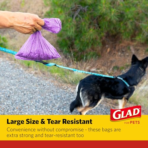 Image of Glad for Pets Scented Dog Waste Bags, Tear-Resistant Pet Poop Pick-up Bags with Leak Protection, Fresh Lavender Scent, Fun Purple Bag Designs, 6 Rolls, 90 Bags Total