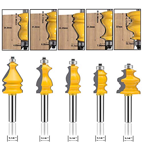 LEATBUY Architectural Molding Router Bit Set 1/4-Inch Shank 5 PCS, Corner Rounding Edge-Forming Woodworking Beading Router Bits Sets Tool Wood Table Door Cabinet Cutter(Round) - Image 7