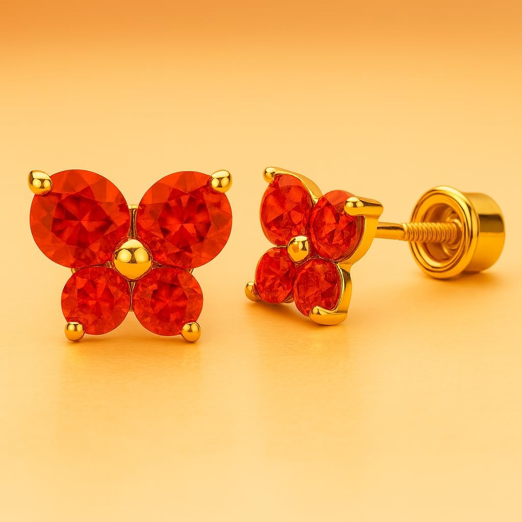 14K Gold Butterfly Stud Earrings with CZ Stones and Screw Back, 7.5mm x 7mm, Hypoallergenic for Women - Image 3