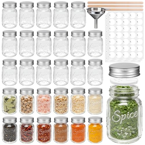 SZUAH 30 Pack 4 oz Glass Mason Spice Jars, Empty Spice Containers with Airtight Metal Lids & Pour-Sift Shaker Lids - Includes 105 Labels, Metal Funnel, Stirring Stick