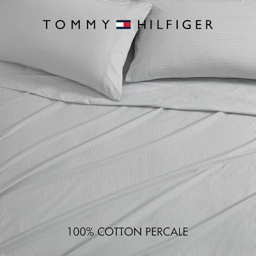 Image of Tommy Hilfiger - Twin Size Sheets Set, Crisp & Tailored Cooling Sheets w /a Naturally Smooth Cotton Percale Lightweight Feel - Bed Sheets w /Matching Pillowcase & Fitted Sheet (Ithaca Stripe Green)