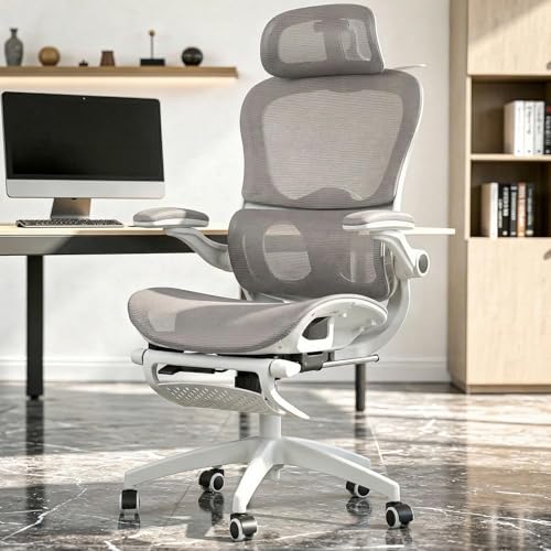 Image of DROGO Quantum Ergonomic Office Chair for Work from Home, Computer Chair with Breathable Mesh, 3D Headrest & Armrest, Adjustable Lumbar Support, Office Chair with Footrest & Recline (White /Grey)