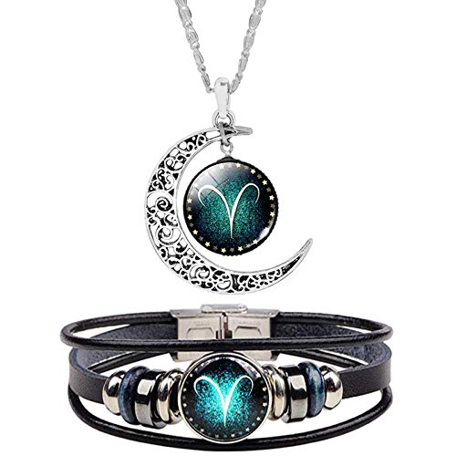 HUASAI Aries Necklace 12 Twelve Constellations Hand Woven Leather Bracelet and Moon Pendant Necklace Zodiac Sign Jewelry Set (Aries(3.21-4.19))