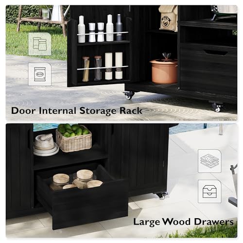 Andehomy 66.5\" Outdoor Kitchen Island for Big Green Egg Grill, Solid Wood Outdoor Grill Cart for Tabletop Grill with Stainless Steel Top, Drawer, Compatible with Large Big Green Egg, Kamado Joe-Black - Thumbnail 7