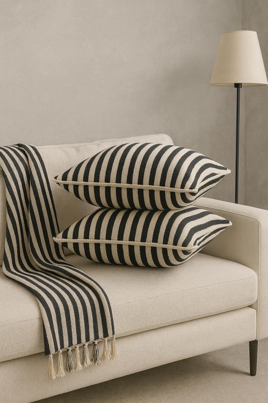 Image of 100% Cotton - Black and White Stripes Cushion Covers Set of 1 (16 x 16 inches) - Cushion Covers for Sofa & Living Room Decor